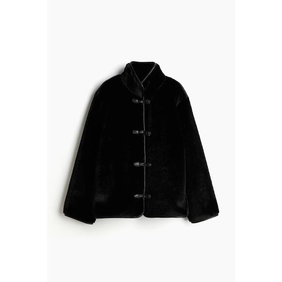 H&M Faux Shearling Frog Closure Black Reversible Funnel Neck XS - Picture 2 of 4